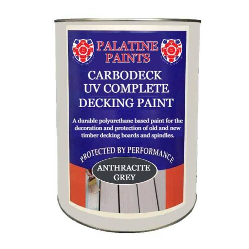 A tin of anthracite grey Carbodeck UV Complete Decking Paint